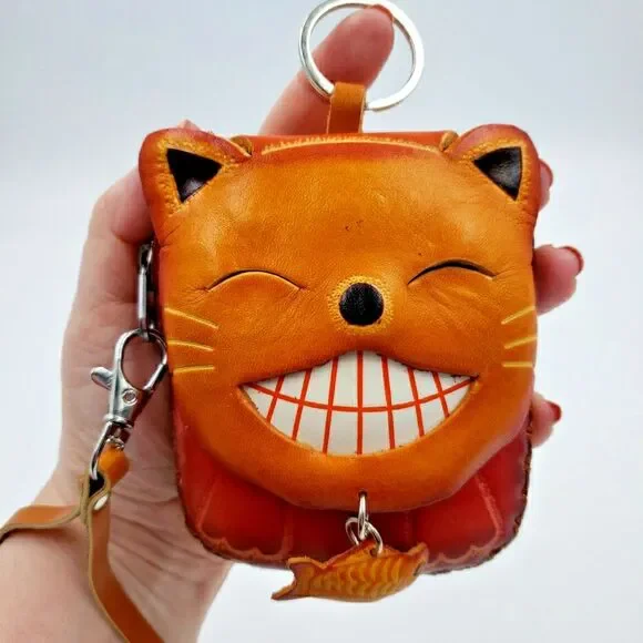 Lucky Cat Coin Purse Leather Maneki Neko Wallet Keychain Fish Charm - Picture 1 of 14
